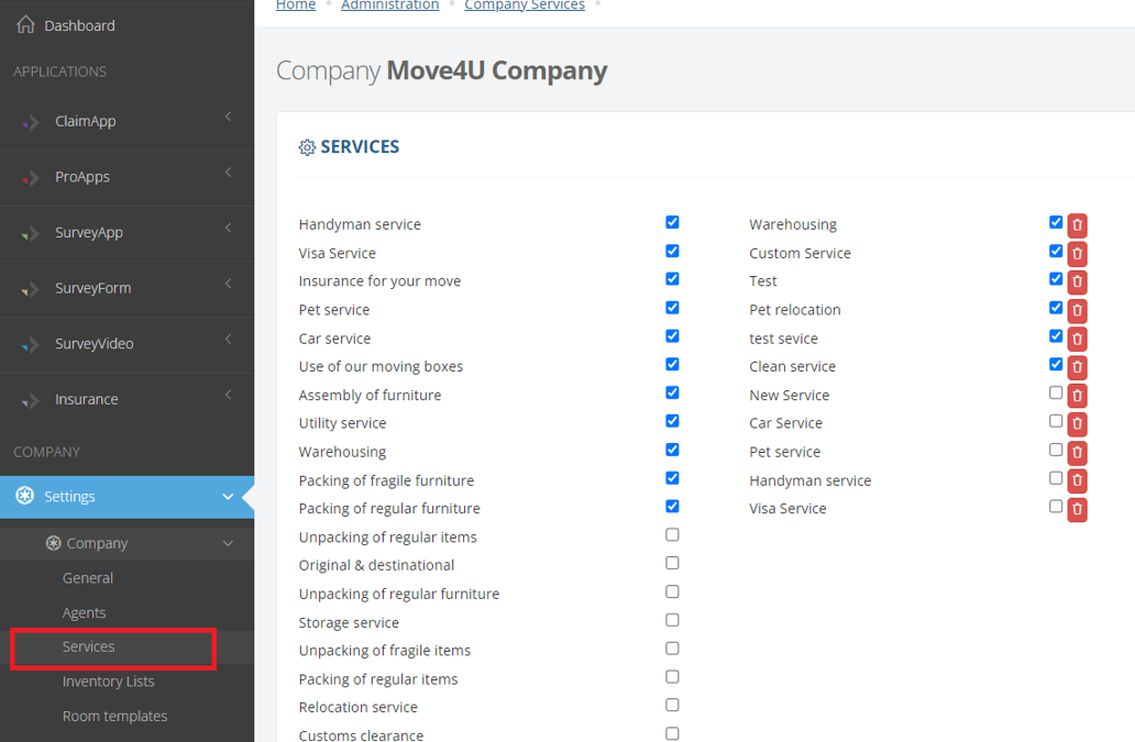 Customize the list of services